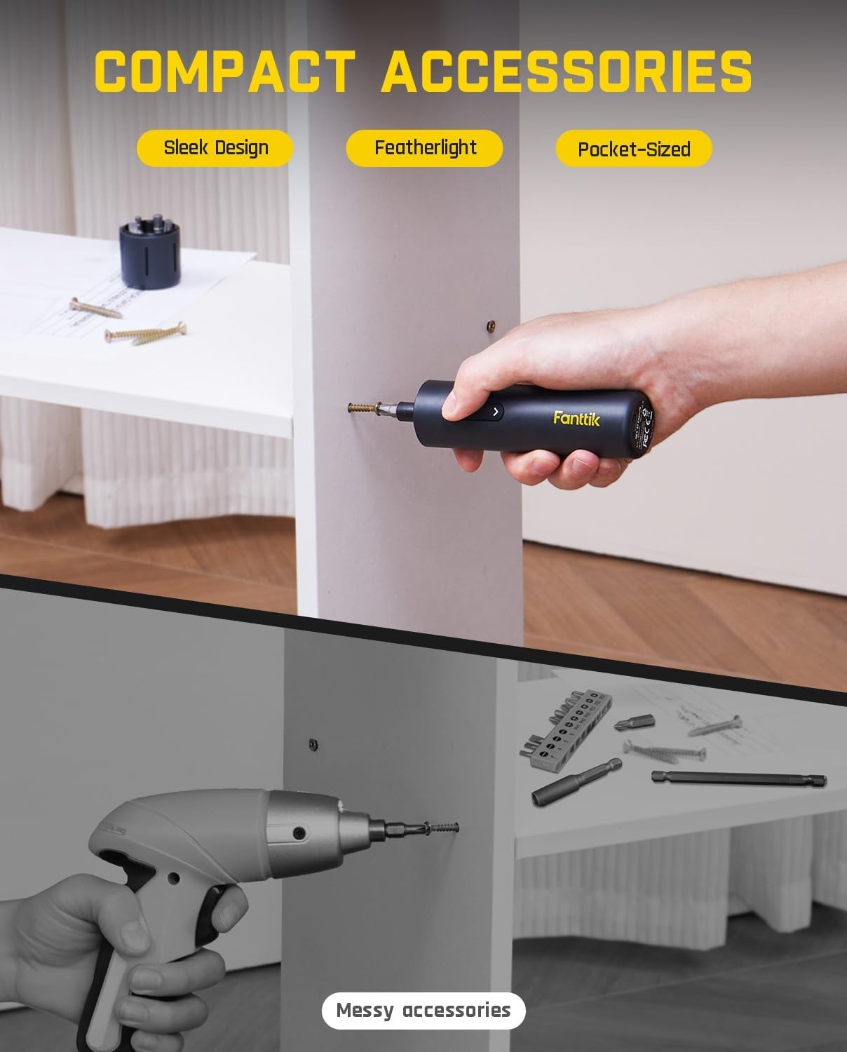 Cordless Electric Screwdriver, 5 N.m Torque, 320 RPM, LED Light, 1/4'' Hex with 5 Double-Ended Bits