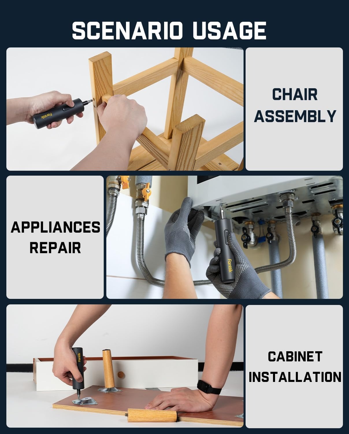 Cordless Electric Screwdriver, 5 N.m Torque, 320 RPM, LED Light, 1/4'' Hex with 5 Double-Ended Bits
