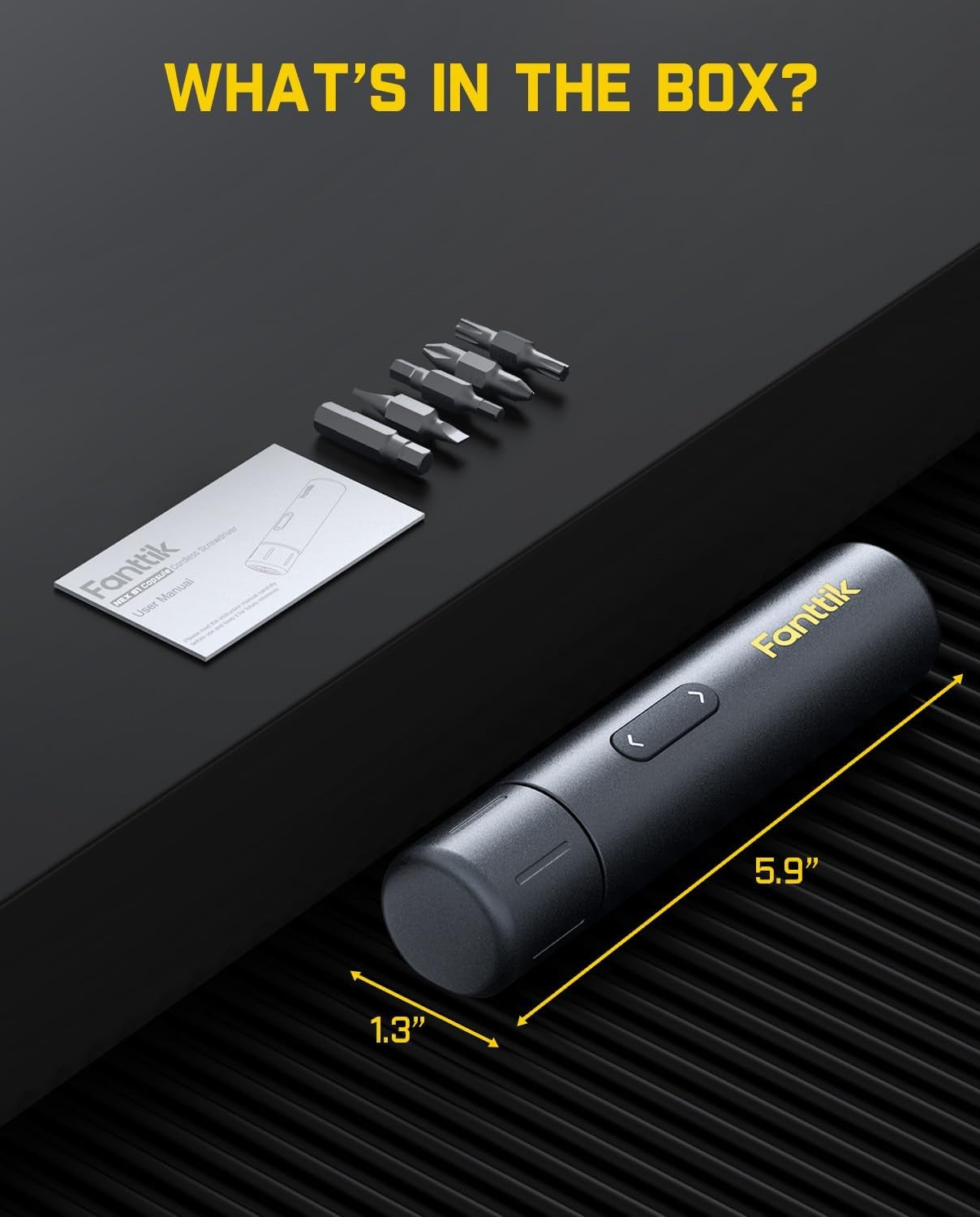Cordless Electric Screwdriver, 5 N.m Torque, 320 RPM, LED Light, 1/4'' Hex with 5 Double-Ended Bits
